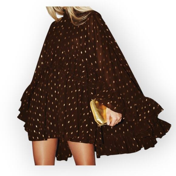 Commense Brown and Gold Foil Spot Chiffon Cami Dress with Sheer Cape — Size XL - Picture 3 of 8